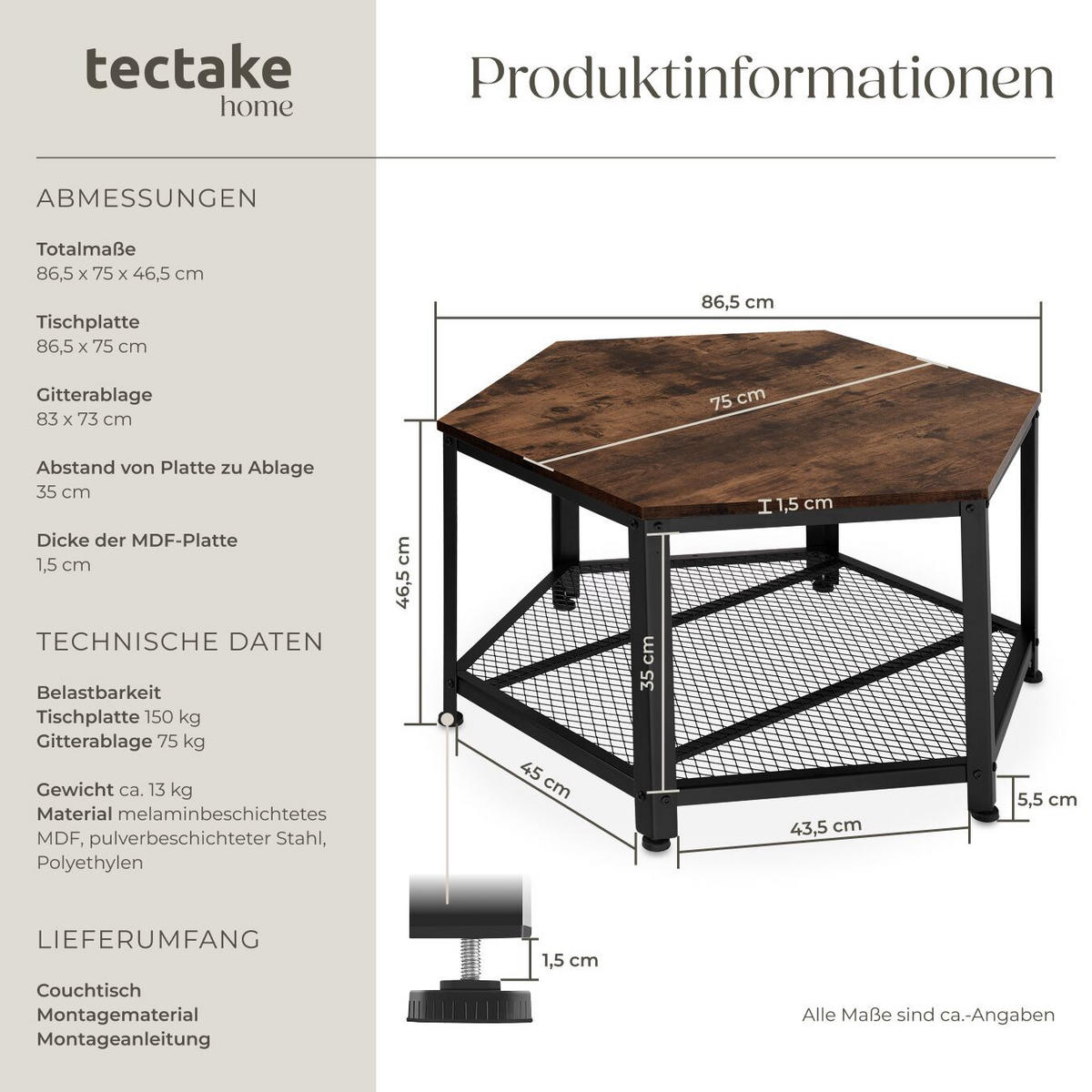 COUCHTISCH Norwich,86,5 x 75 x 46,5 cm,Industrial Holz dunkel, rustikal - Rostfarben, Holz (75/86.5/46.5cm) - tectake