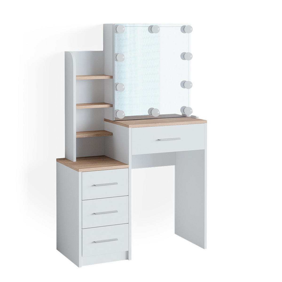 SCHMINKTISCH Conrada Weiß/Sonoma 80 cm mit LED Beleuchtung - Weiß/Sonoma Eiche, Holzwerkstoff (36/131.6/80cm) - Vicco