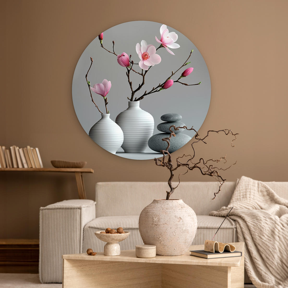 WANDBILD Magnolie - Blumen - Rosa - Zen-Steine 90x90 cm - Hellgrau, Kunststoff (90/90cm) - MuchoWow