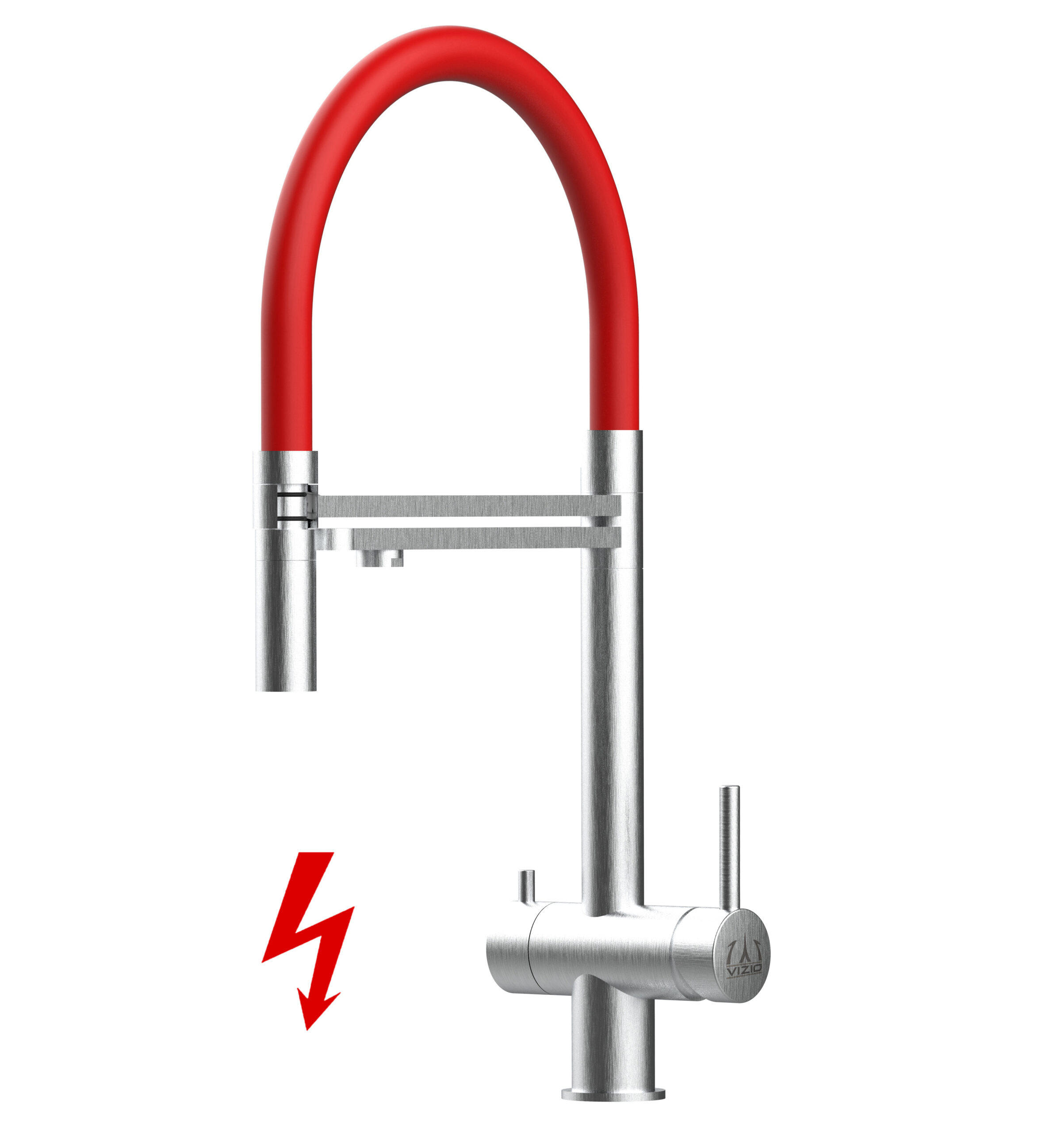 NIEDERDRUCK-3-WEGE-KÜCHENARMATUR, Edelstahl Massiv aus Chirurgenstahl, Gebürstet und Rot, 2-Strahl-Brause - Rot, Metall (24/49/24cm) - VIZIO