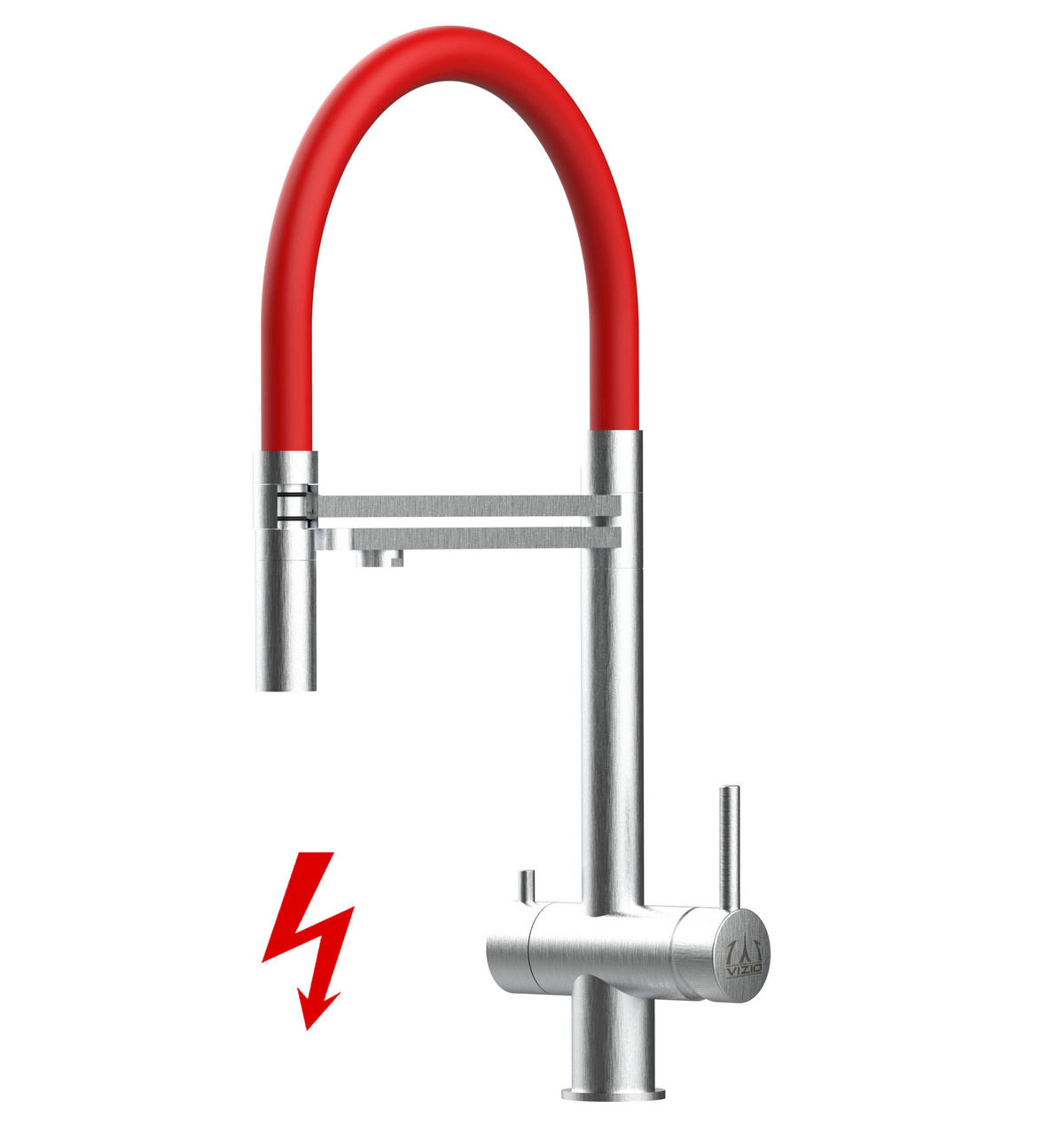 NIEDERDRUCK-3-WEGE-KÜCHENARMATUR, Edelstahl Massiv aus Chirurgenstahl, Gebürstet und Rot, 2-Strahl-Brause - Rot, Metall (24/49/24cm) - VIZIO