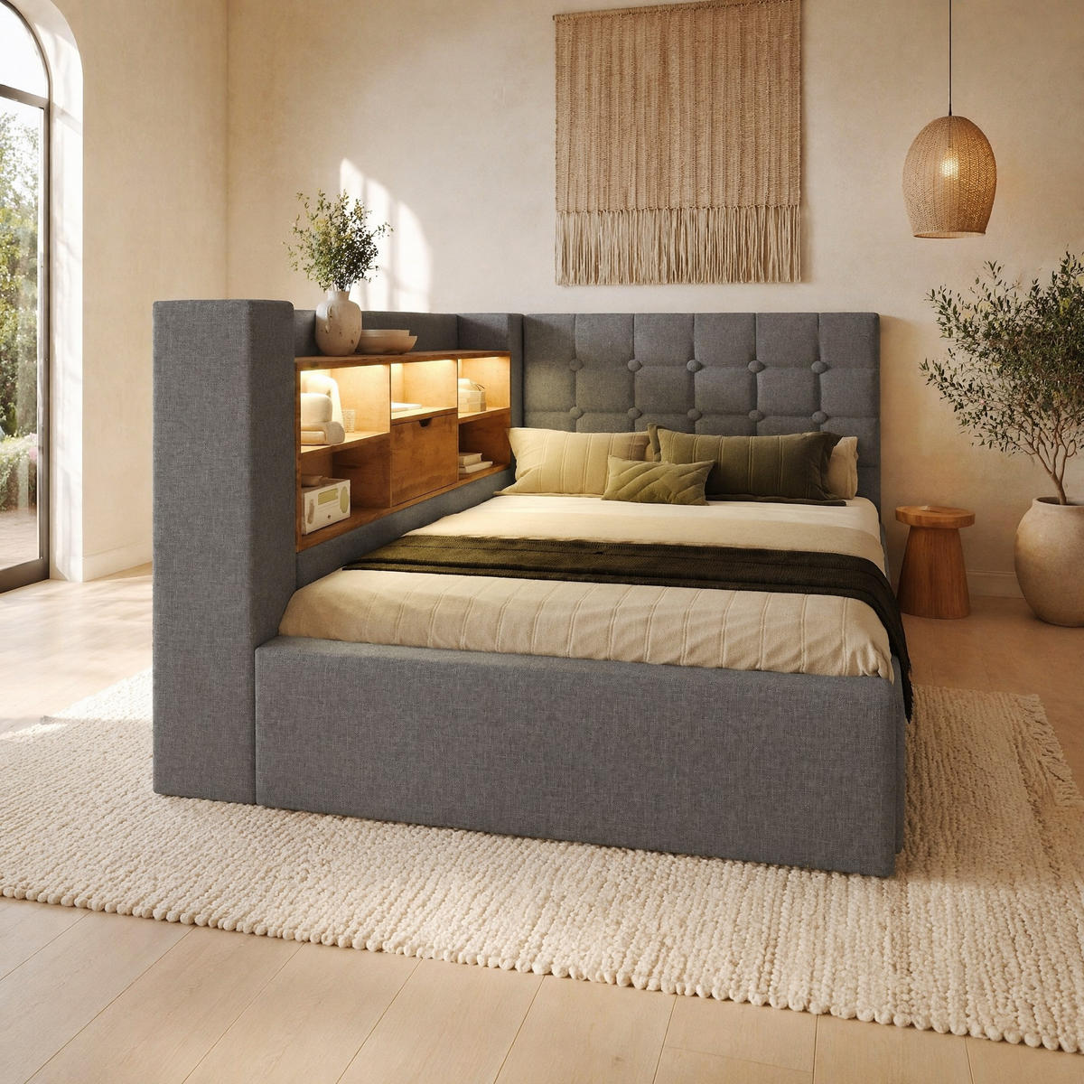 POLSTERBETT 90/200 cm in Grau Leinen mit Bettkasten, LED und USB - Grau, Holzwerkstoff/Textil (90/200cm) - STILVORA