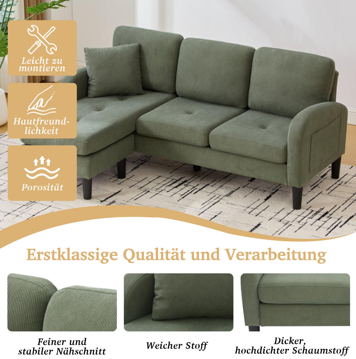 ECKSOFA L-Form Cordbezug mit modularer Chaiselongue Grün 166/118/77 cm - Grün, Textil (166/118cm) - Redom