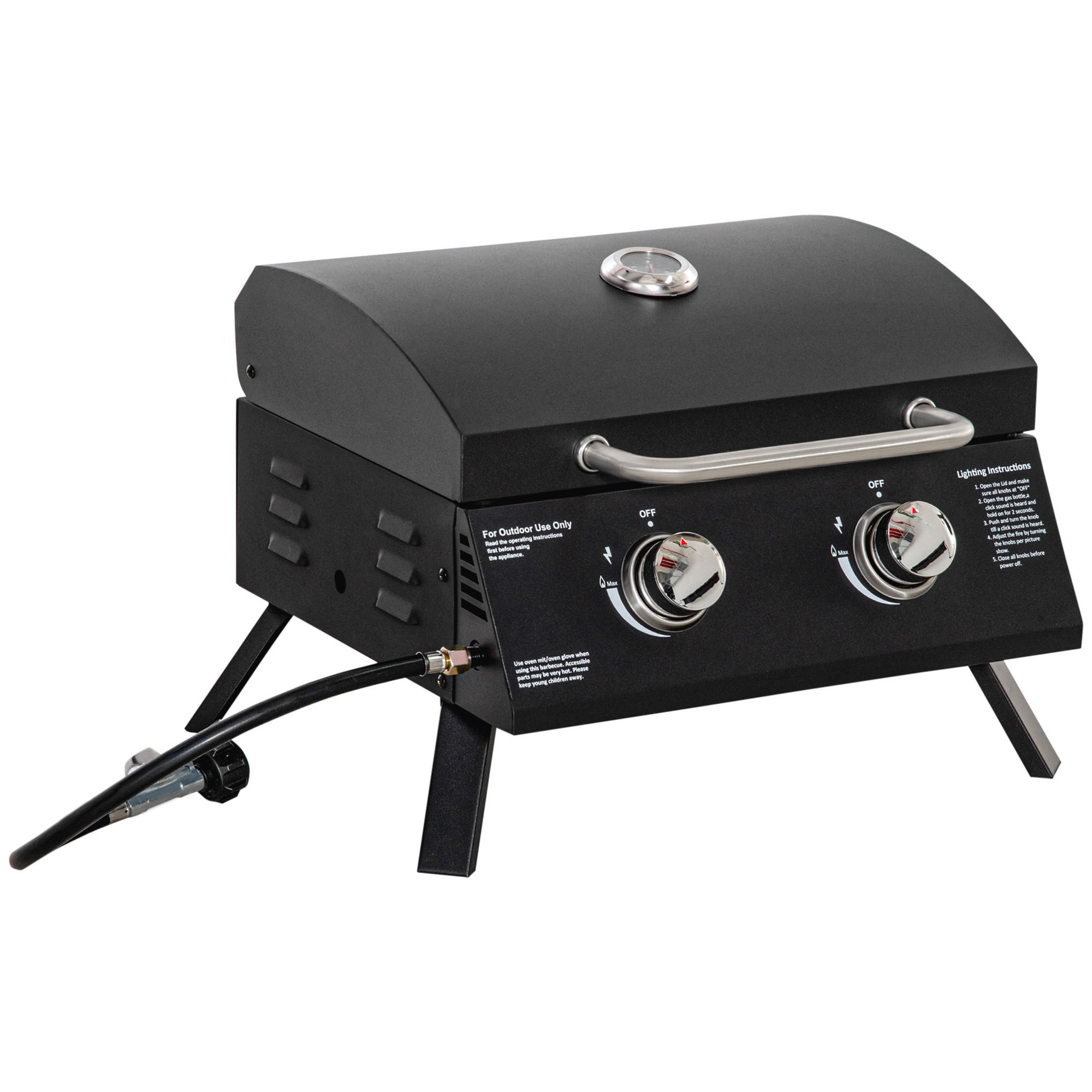 GASGRILL BBQ mit 2 Brennern mobil Edelstahl Schwarz 55 x 46,5 x 41 cm - Schwarz, Metall (46.5/41/55cm) - Outsunny
