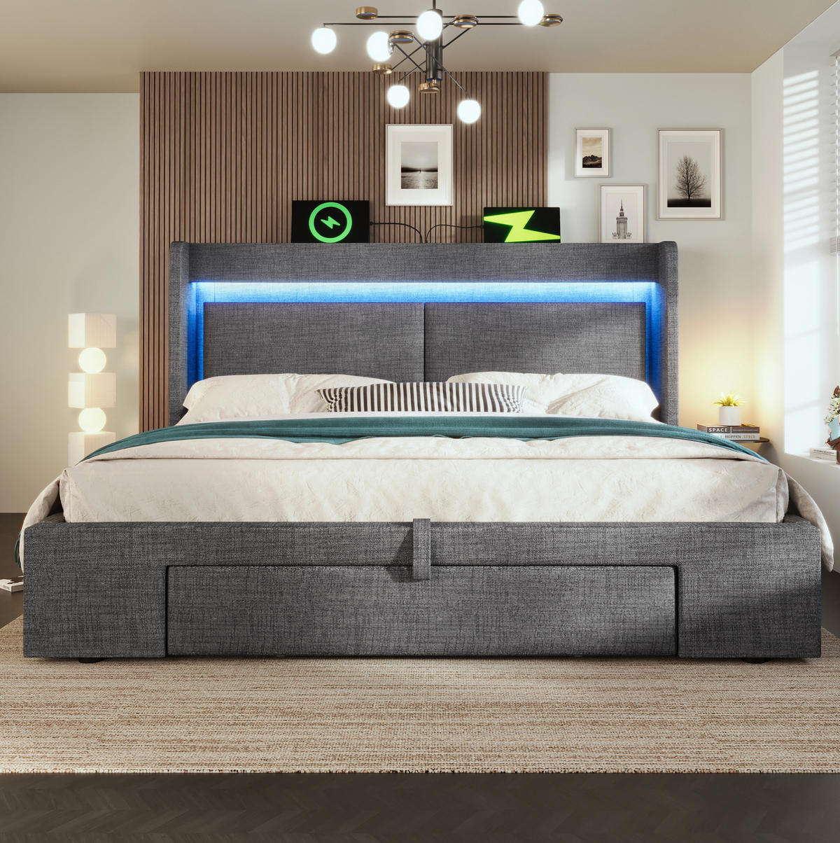 POLNJENA postelja iz lanu 160x200 cm siva z hidravličnim predalom, LED osvetlitvijo, USB in USB-C priključkom ter prostorom za shranjevanje - siva, tekstil (160/200cm) - Modfu