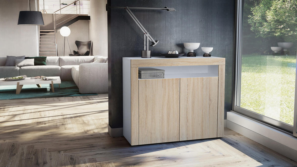 KOMMODE Valencia Eiche sägerau / Eiche sägerau - Eiche San Remo, Holzwerkstoff (108/92/40cm) - Vladon