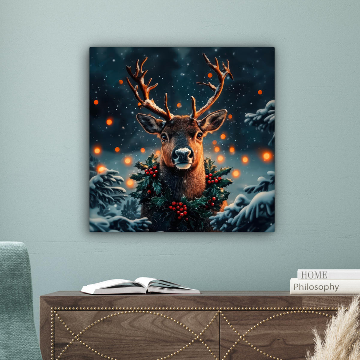 LEINWANDBILD Hirsch - Weihnachten - Winter - Schnee - Weihnachtskranz Wandbild Wohnzimmer 50x50 cm - Dunkelbraun, Textil (50/50cm) - MuchoWow