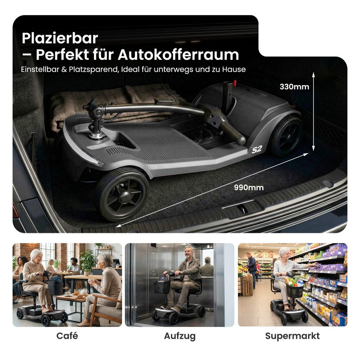 ELEKTROMOBIL faltbar Seniorenmobil,250 W,25 km,12Ah 4-Rad-Scooter,Schwarz - Schwarz, Metall (48.5/86/99cm) - LVHOM
