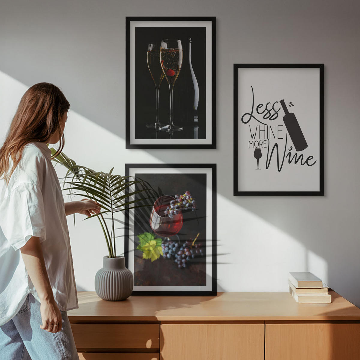 WANDBILDER 3er-Set - 40x60 cm Schwarzer Rahmen - Weingläser mit Trauben und Inschrift - Schwarz, Kunststoff (40/60cm) - ArtPrintCave