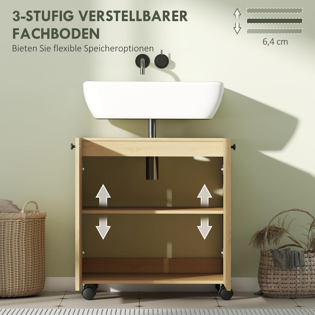WASCHBECKENUNTERSCHRANK Unterschrank mit Rolle Soft-Close Türen Ablage - Eichefarben, Holzwerkstoff (39.8/62/60cm) - HOMCOM