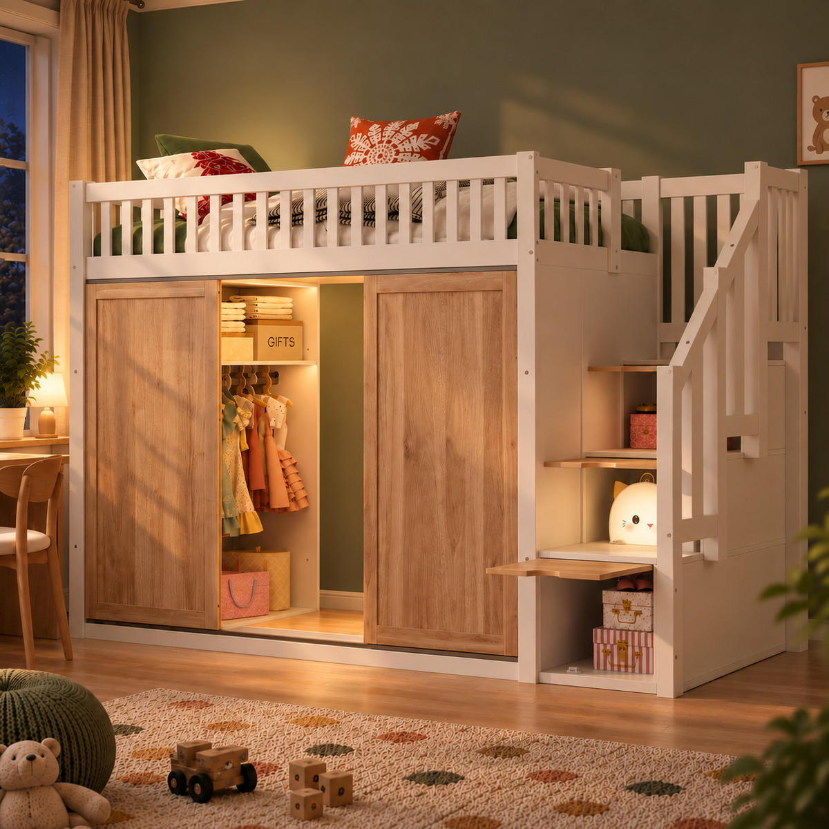 HOCHBETT 90/200 mit LED, Kleiderschrank und Treppenschrank in Weiß und Eiche - Weiß/Naturfarben, Holzwerkstoff (90/200cm) - EVRYAE