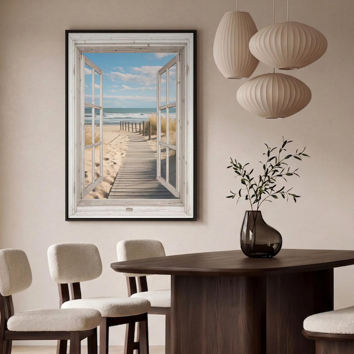 LEINWAND Bilder mit Rahmen - Fenster - Meer - Küste - Natur - Ausblick - Strand - Wattenmeer - 100x150 - Beige, Textil (100/150cm) - MuchoWow