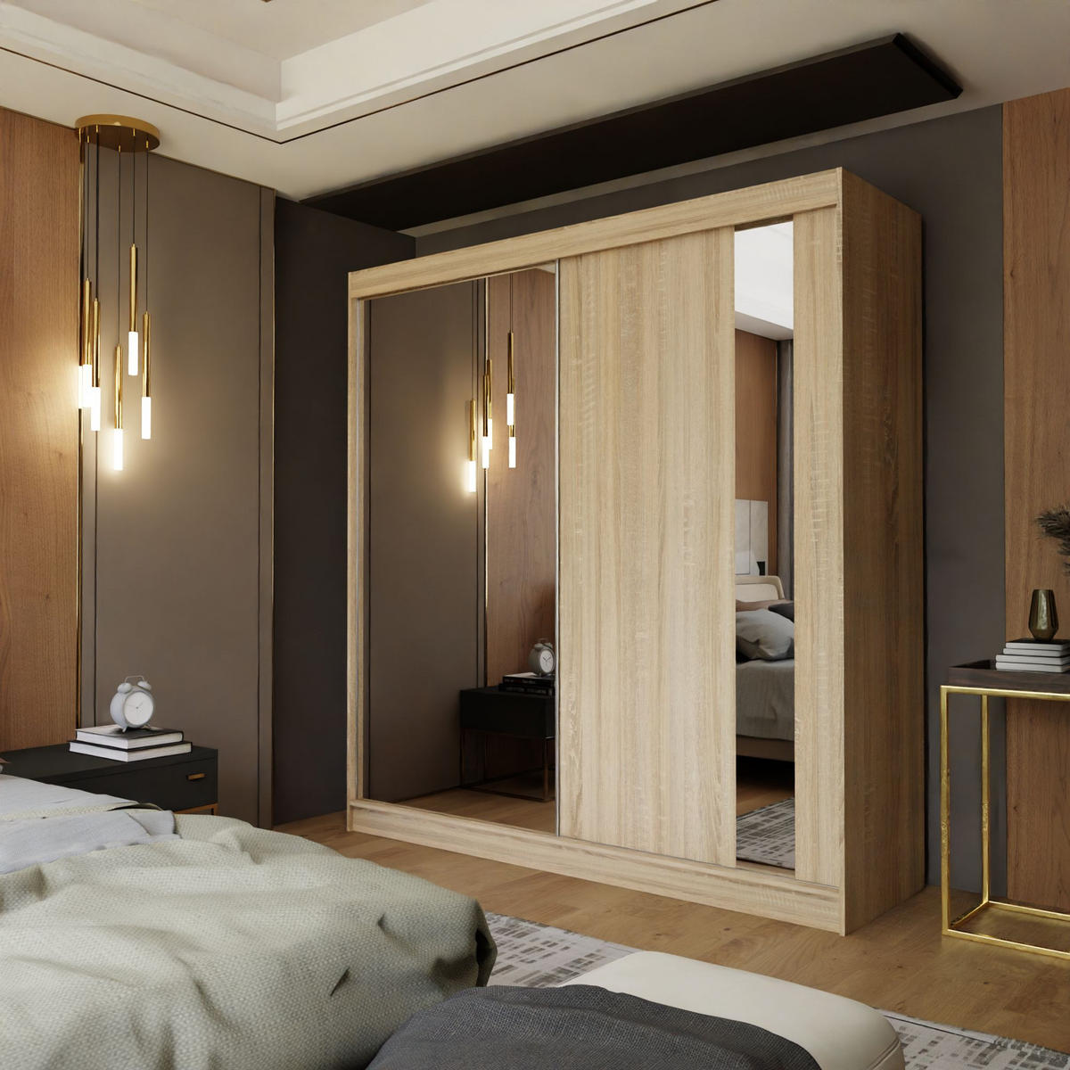 SCHWEBETÜRENSCHRANK GRAZIA 200/216/61 cm 2-türig mit Spiegel Sonoma Eiche - Sonoma Eiche, Holzwerkstoff (200/216/61cm) - MASSENO