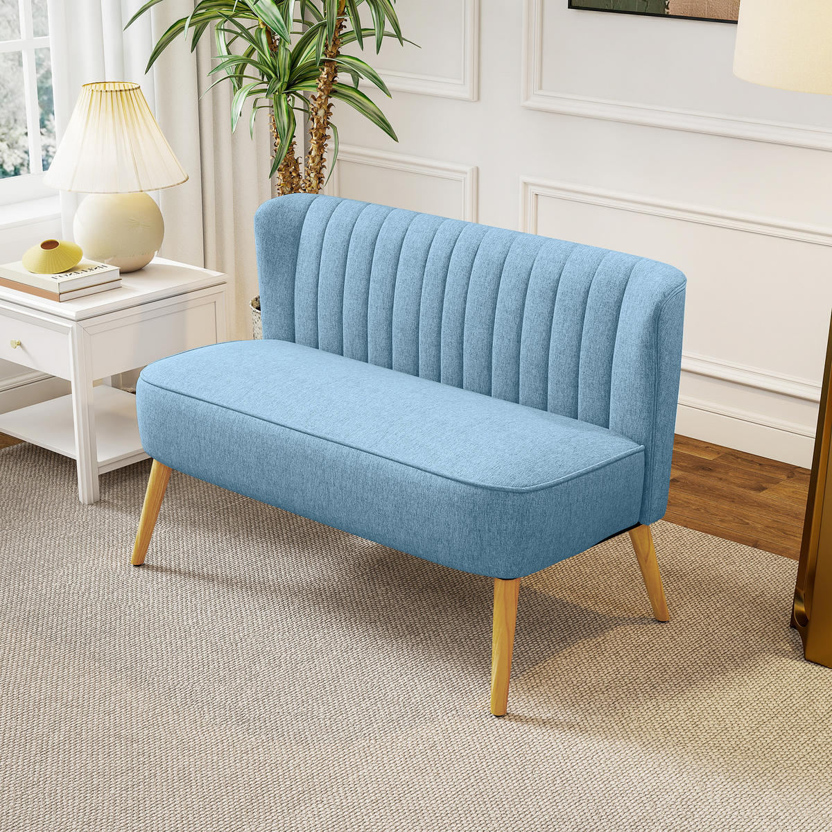 SOFA 2-Sitzer Couch Stoffsofa Sitzmöbel Polstersofa Loungesofa breit Blau - Blau/Naturfarben, Holz/Textil (56.5/77/117cm) - HOMCOM