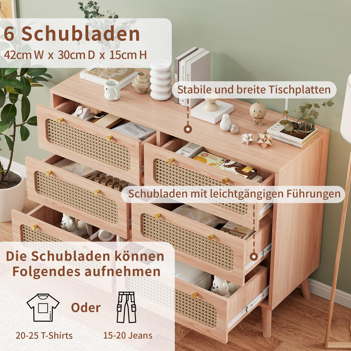 KOMMODE Buffet mit 6 Schubladen, Massivholzbeinen, Modernes Design, Braun - Braun, Holz (34/73/100cm)
