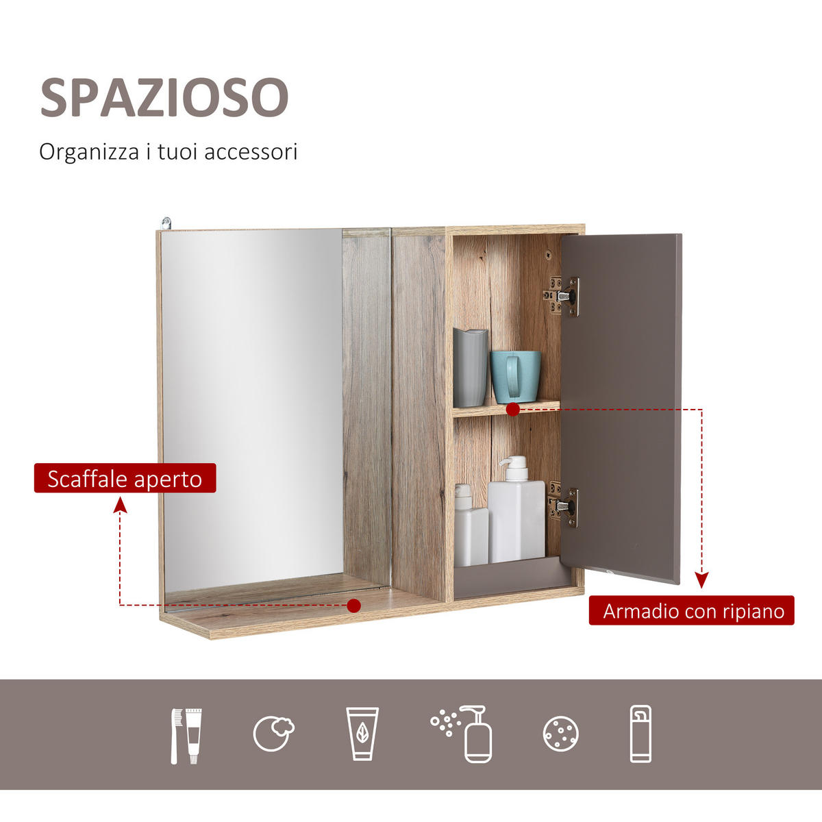 SPIEGELSCHRANK Grauer und eichenfarbener Badezimmer-Wandschrank, 57 x 14,2 x 49,2 cm - Grau, Glas (57/49.2/14.2cm) - Vallsero
