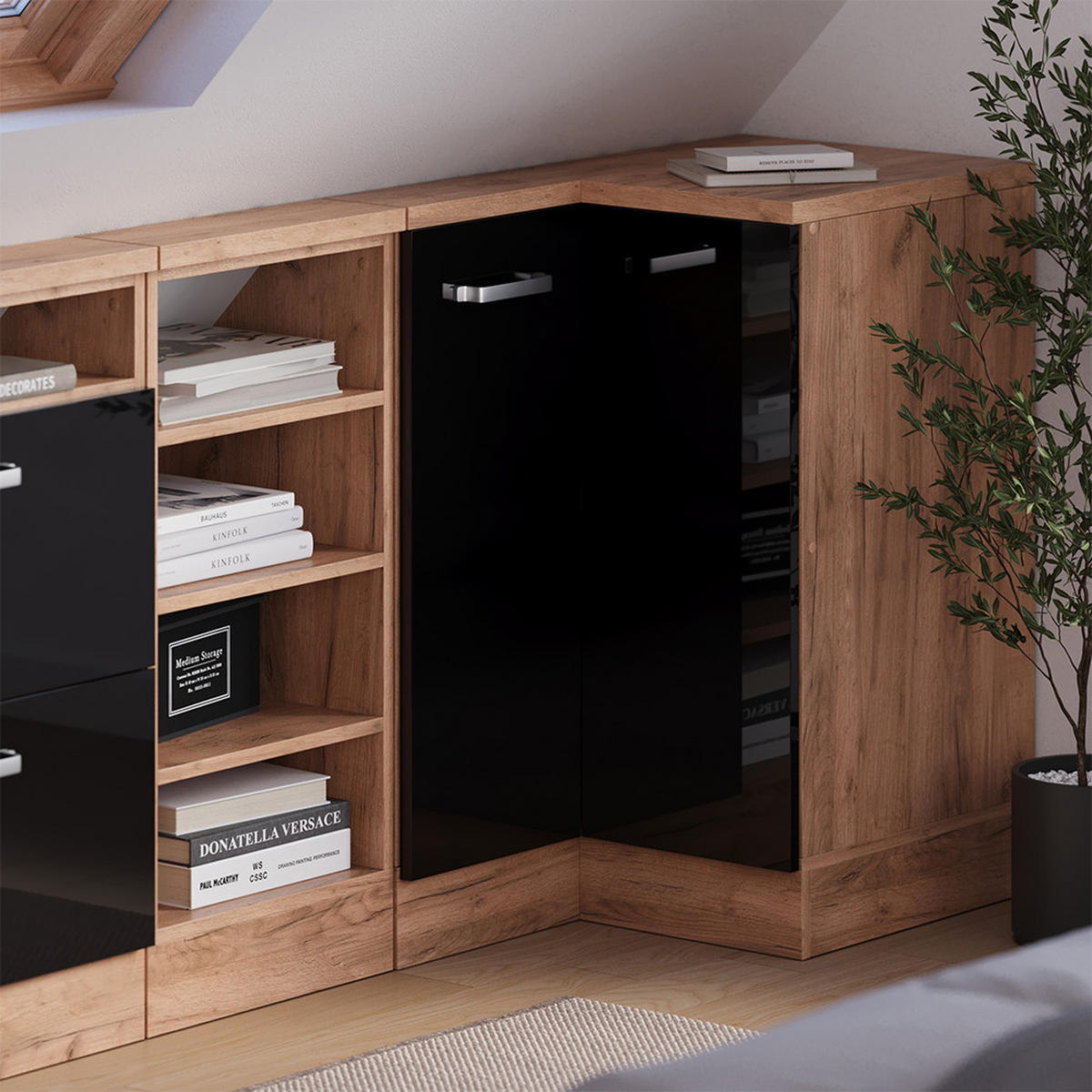 DACHSCHRÄGENSCHRANK ECKSCHRANK Rion Schwarz Hochglanz/Goldkraft Eiche 75.6 x 81.6 cm mit 1 Tür - Honigeiche/Schwarz Hochglanz, Holzwerkstoff (75.6/81.6/75.6cm) - Vicco