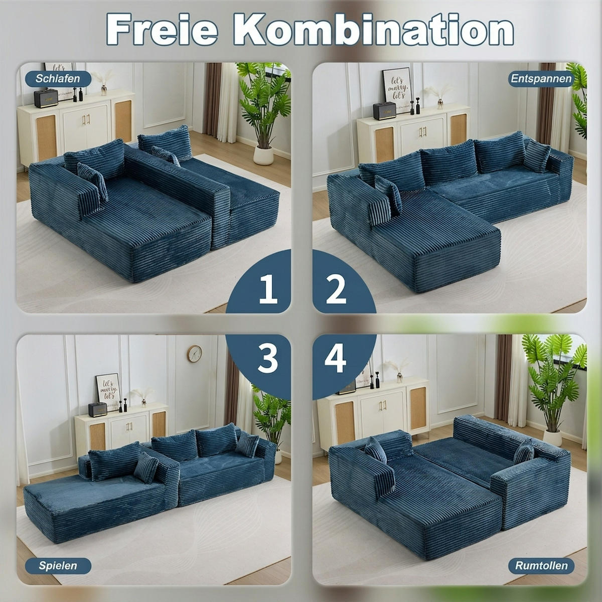 ECKSOFA 279/179/83 cm Blau Cord mit Chaiselongue - Blau, Textil (179/83/279cm) - Oxeza