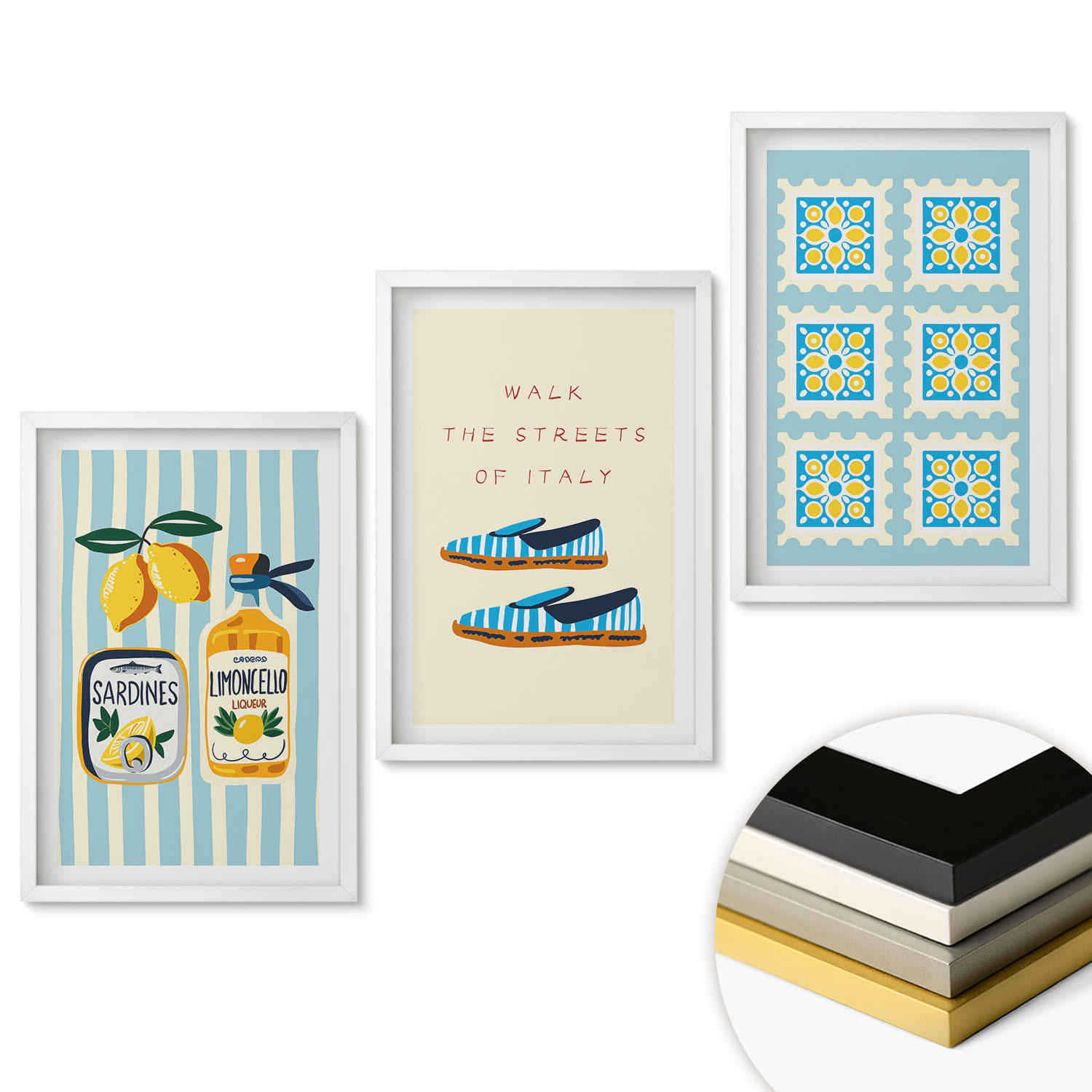 WANDBILDER 3er-Set - 40x60 cm Weißer Rahmen - Früchte, Elemente der italienischen Kultur - Weiß, Kunststoff (40/60cm) - ArtPrintCave