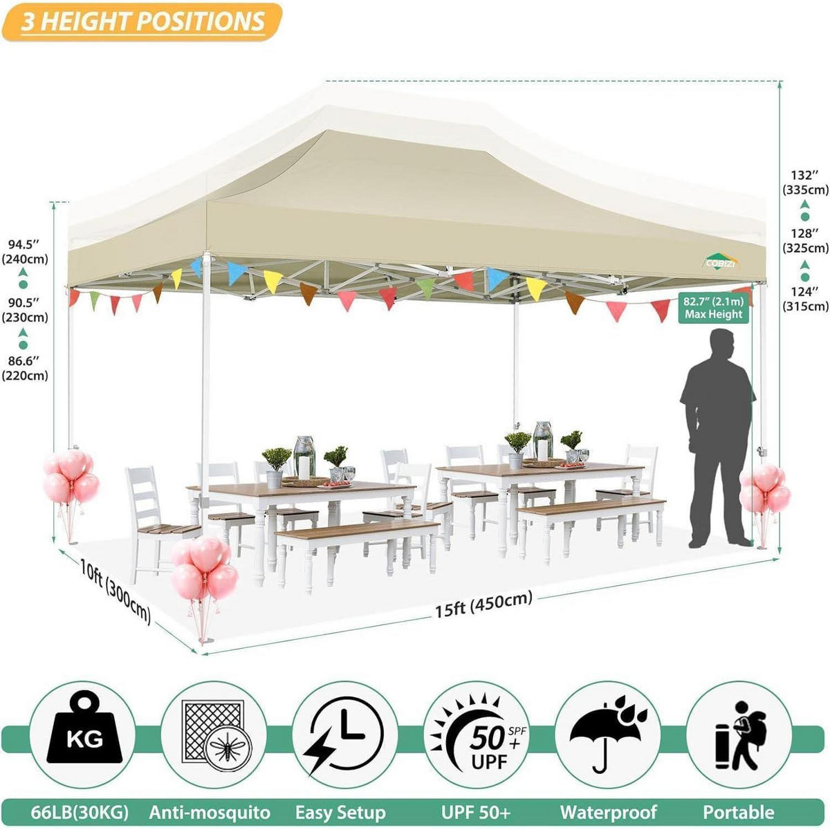 FALTPAVILLON 3 x 4.5 m Wasserdicht mit 4 Netzseitenwänden Khaki - Beige, Textil (300/336/450cm)
