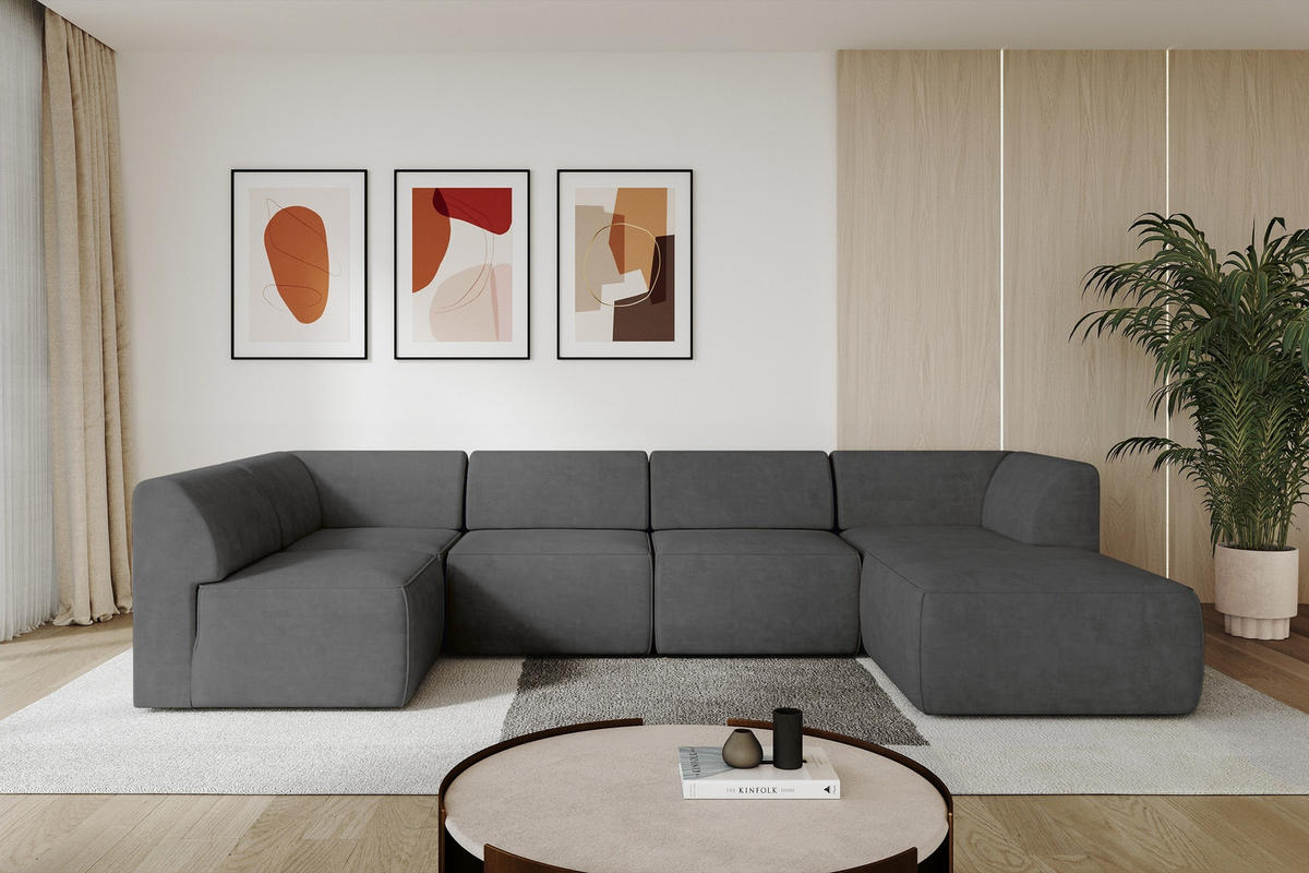 WOHNLANDSCHAFT Ottomane Rechts MOVO-L 345x180x78 cm Dunkelgrau Velours - Dunkelgrau/Anthrazit, Holzwerkstoff/Kunststoff (345/78/180cm) - ALTDECOR