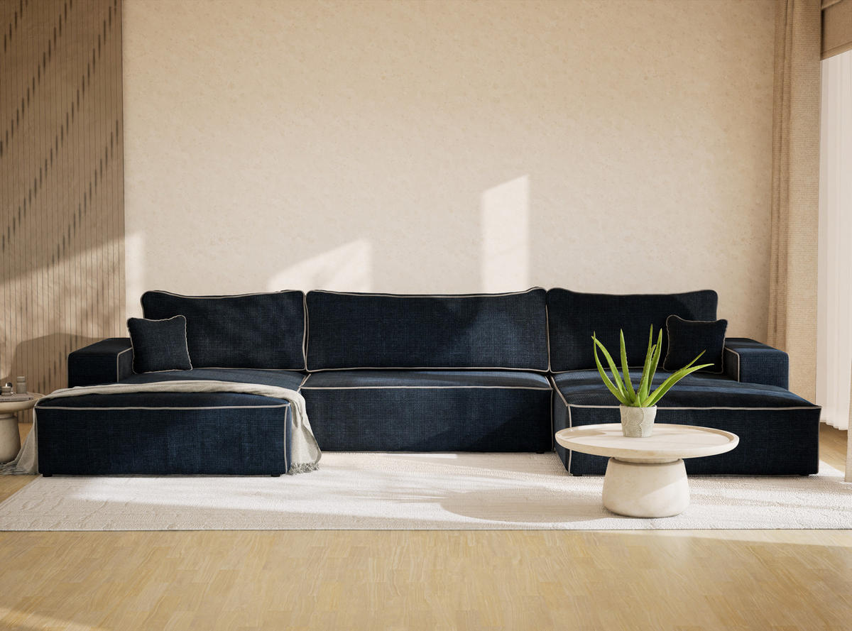 WOHNLANDSCHAFT Deseo Dunkelblau-Grau Chenille-Stoff - Schwarz/Dunkelblau, Holz/Holzwerkstoff (398/70/148cm) - Maison de Reve