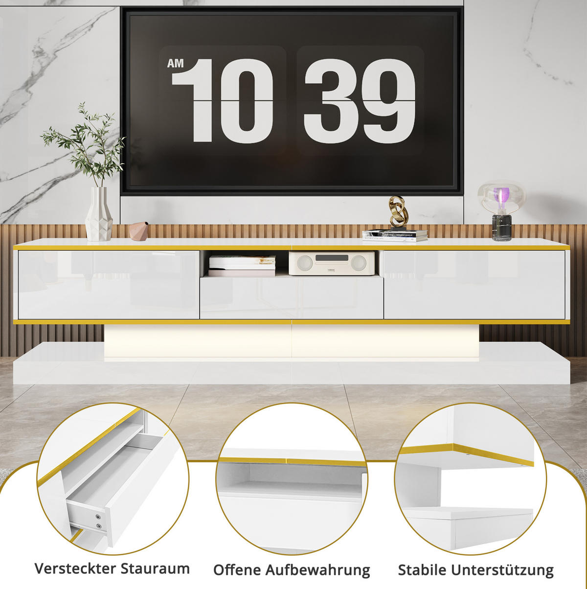 TV-LOWBOARD 180/38/45 cm mit 3 Schubladen, Hochglanz, App-gesteuerter LED-Beleuchtung und Dekorleisten, Weiß/Gold - Weiß, Holzwerkstoff (180/45/38cm) - Redom