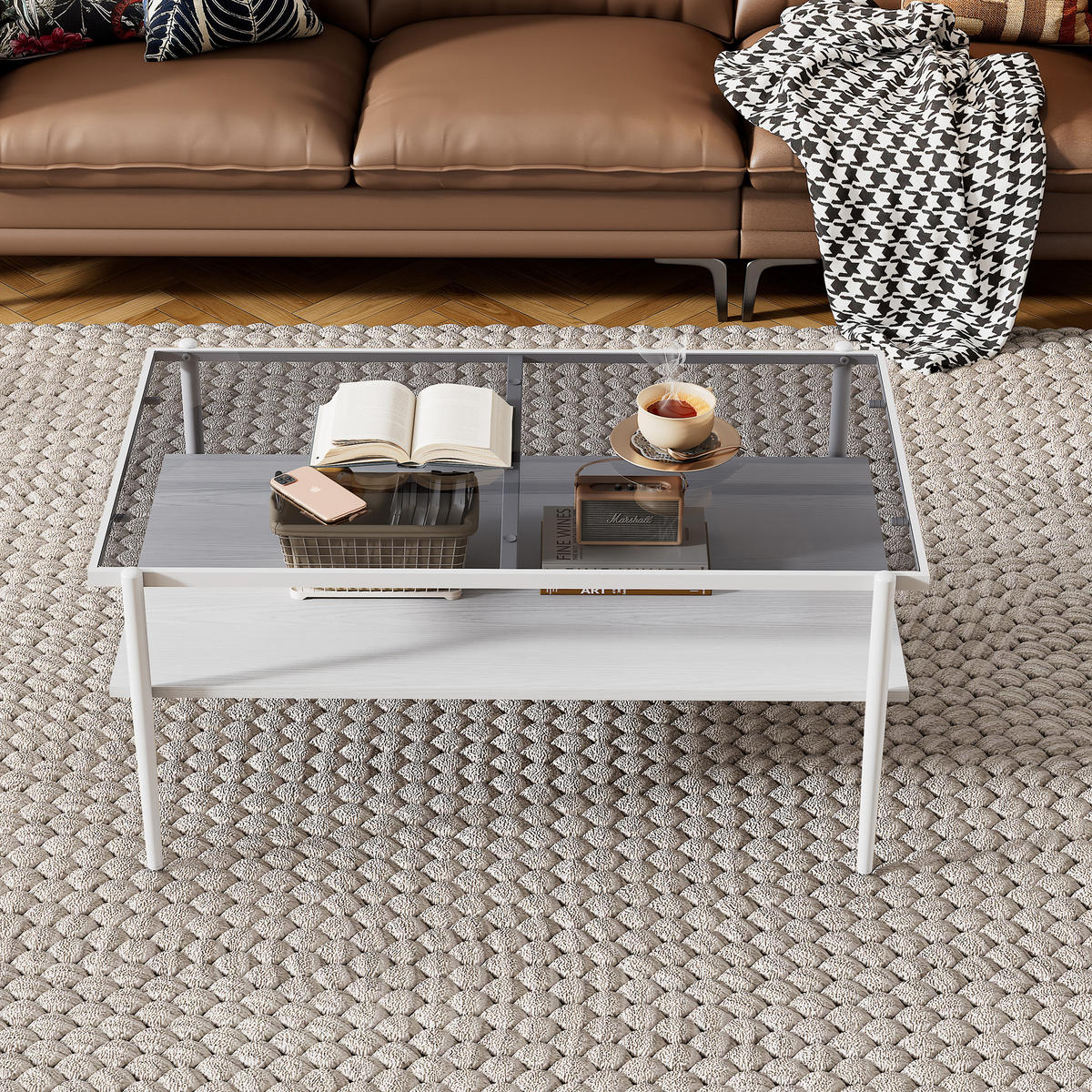 COUCHTISCH aus MDF und Glas in 97.5x61.5x45 cm Weiß mit Stauraum - Weiß, Glas (97.5/61.5/45cm) - Modfu
