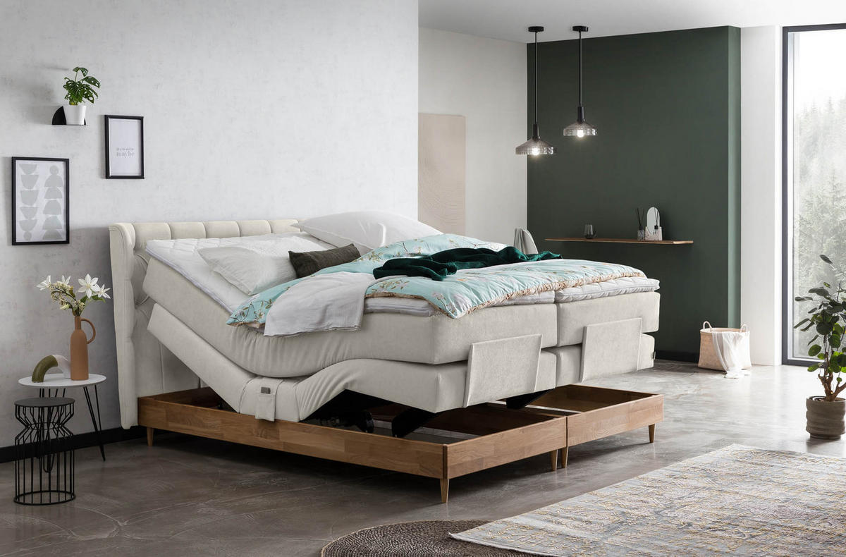 BOXSPRINGBETT ELEKTRISCH VERSTELLBAR EON 160x200 Beige H2 und H3 Bett mit Motor 7-Zonen TFK Matratze inkl. Visco Topper Motorbett mit Eiche - Beige, Textil (160/200cm) - Belanoti