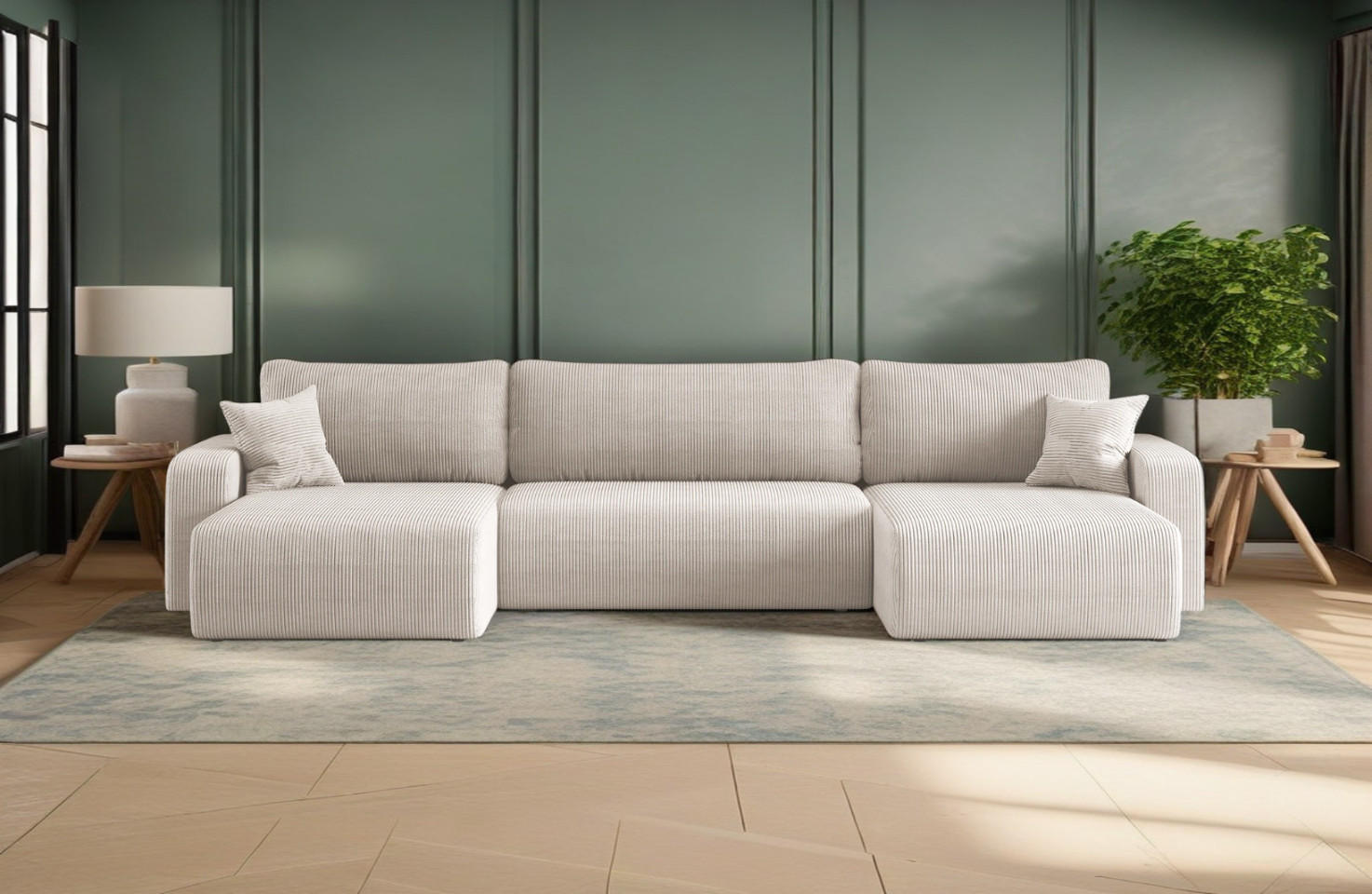 ECKSOFA U-Form Mit Schlaffunktion Und Bettkasten MILANO Dicker Cord Beige - Beige, Holz/Textil (312/145cm) - Kaiser Möbel