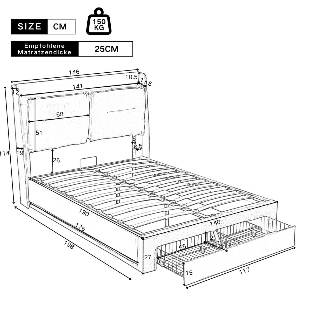 POLSTERBETT 140/190 cm aus Samt mit LED-Beleuchtung, hydraulischem Stauraum und Fußend-Schublade, Dunkelgrau - Grau, Textil (140/190cm) - Redom