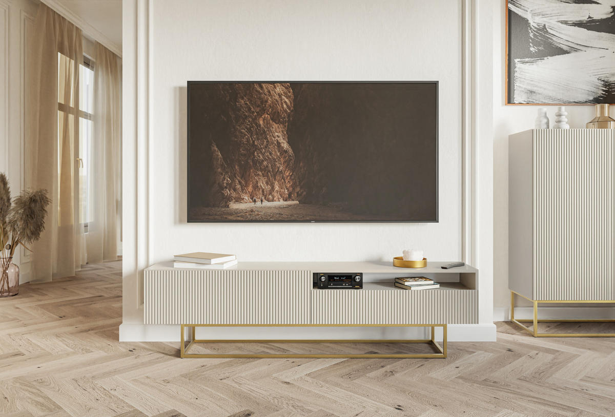 TV-SCHRANK Veldio Graubeige mit offenem Fach und goldenen Metallbeinen 175 cm - Greige/Goldfarben, Holzwerkstoff/Metall (175/46.5/31.6cm) - Selsey