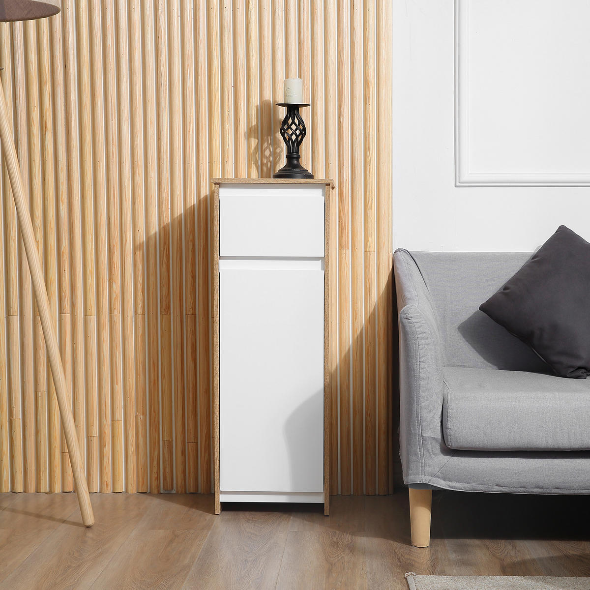 MIDISCHRANK DE-12519 32,6/30/90 cm mit 1 Schublade und 1 Tür Weiß / Naturholz - Weiß, Holzwerkstoff (30/90/32.6cm) - ComfortXL