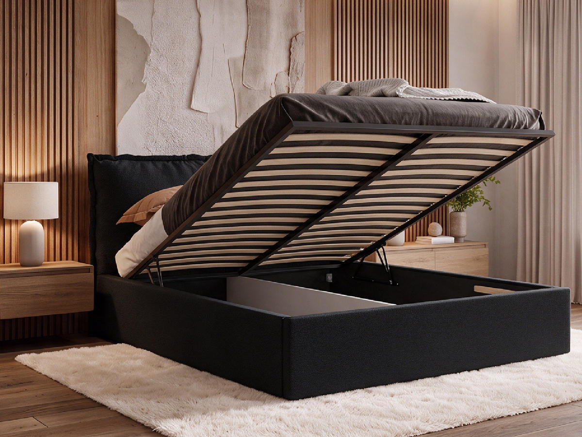 POLSTERBETT MIRA 140x200 cm mit Bettkasten, Stauraum und Metall-Lattenrost – VIBE Schwarz - Schwarz, Textil/Metall (140/200cm) - Luxkor24