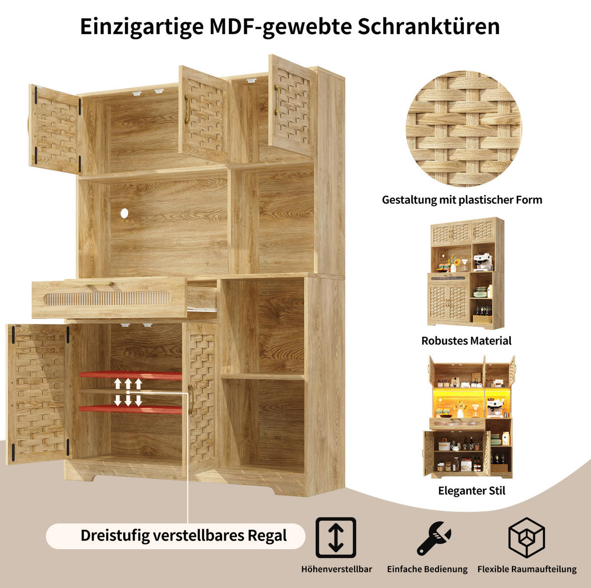 ANRICHTE 120/40/180 cm in Natur mit LED-Beleuchtung und Glastüren - Naturfarben, Glas (120/180/40cm) - Flora Grace