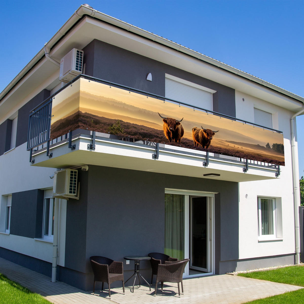 BALKON-SICHTSCHUTZ Schottische Hochlandbewohner - Heide - Landschaft - Tiere - Cognac, Kunststoff (500/90cm) - MuchoWow