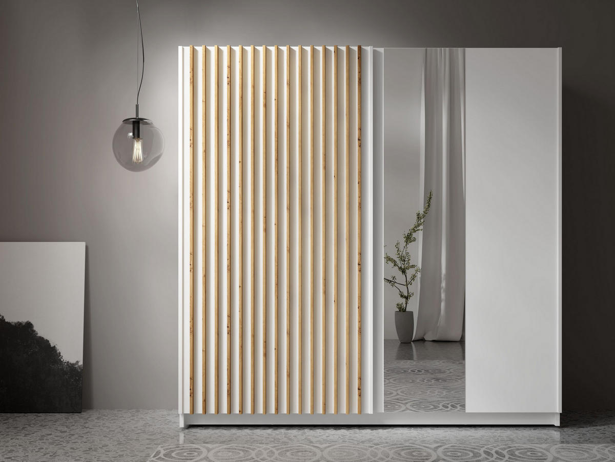 SCHWEBETÜRENSCHRANK MAREN 200,2/198,5/55,4cm 2-türig mit Spiegel Weiß - Eiche Artisan/Weiß, Holzwerkstoff (200.2/198.5/55.4cm) - MASSENO