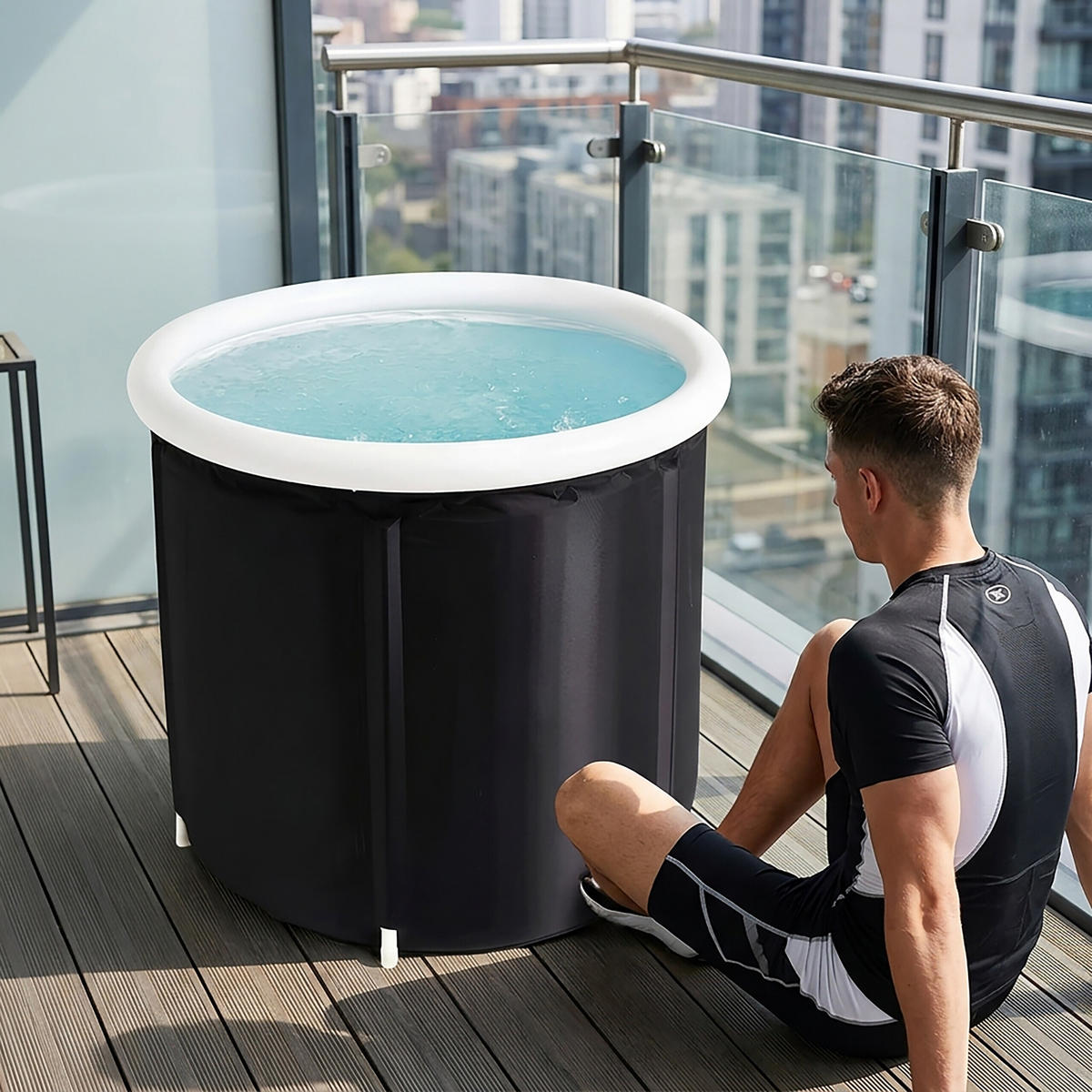 EISBADEWANNE Schwarz Weiß aufblasbar mit Thermodeckel 320 l - Schwarz, Kunststoff/Textil (75/75/75cm) - Relaxdays