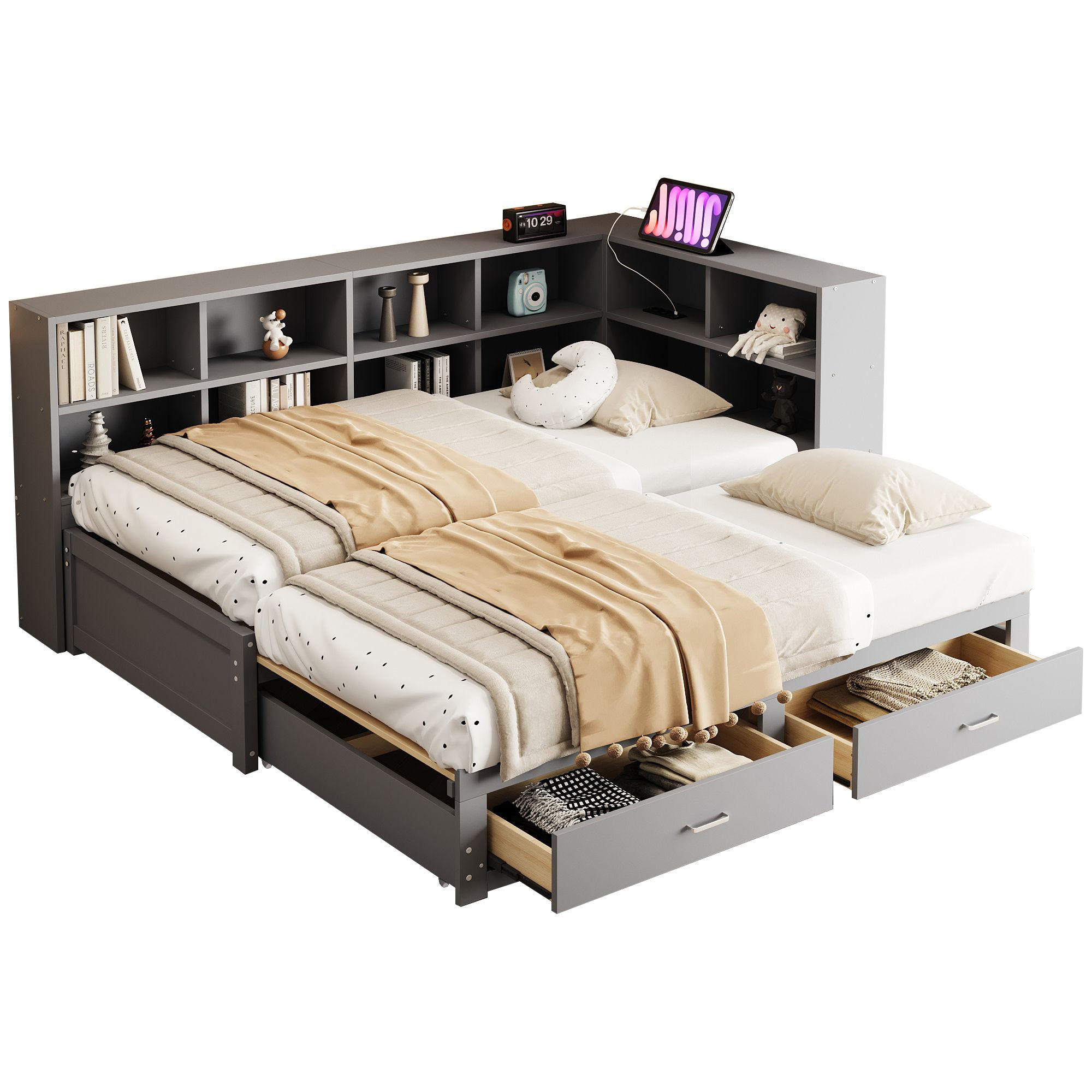 JUGENDBETT 90/180x190cm mit Ausziehbett，Grau - Grau, Holz (90/190cm) - KOMHTOM