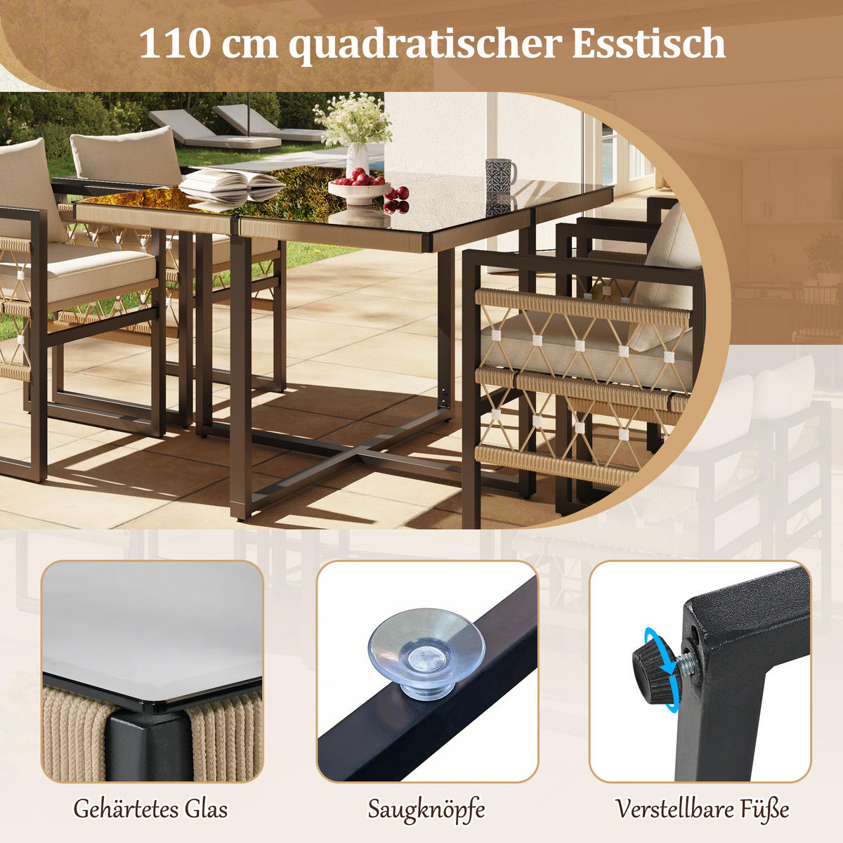 GARTENSET 4 Personen Beige Inkl. Glastisch & 4 Sesseln - Beige, Metall - FLIEKS