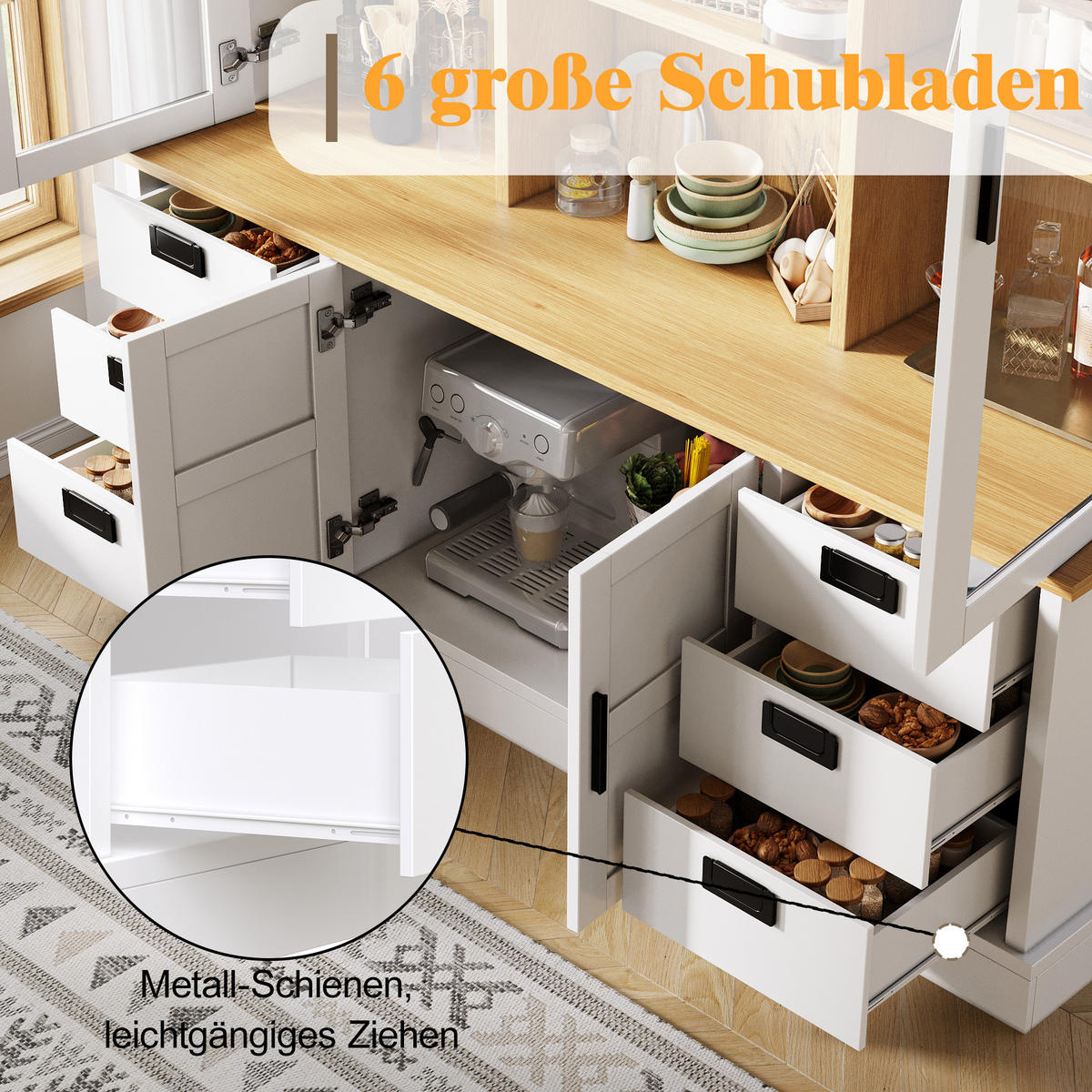 KÜCHENSCHRANK 140x185Cm 6 Schubladen Glastüren - Weiß, Holzwerkstoff (140/185/40cm) - FLIEKS