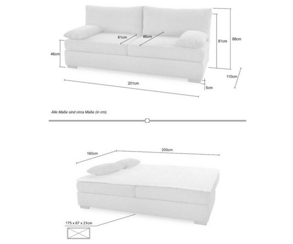 DAUER-SCHLAFSOFA Federkern Topper Bettkasten B201/T110/H88 cm, Liegefläche 160x200 cm, Feincord Beige / 15151 - Wildeiche/Beige, Holz/Textil (201/88/110cm) - luma-home
