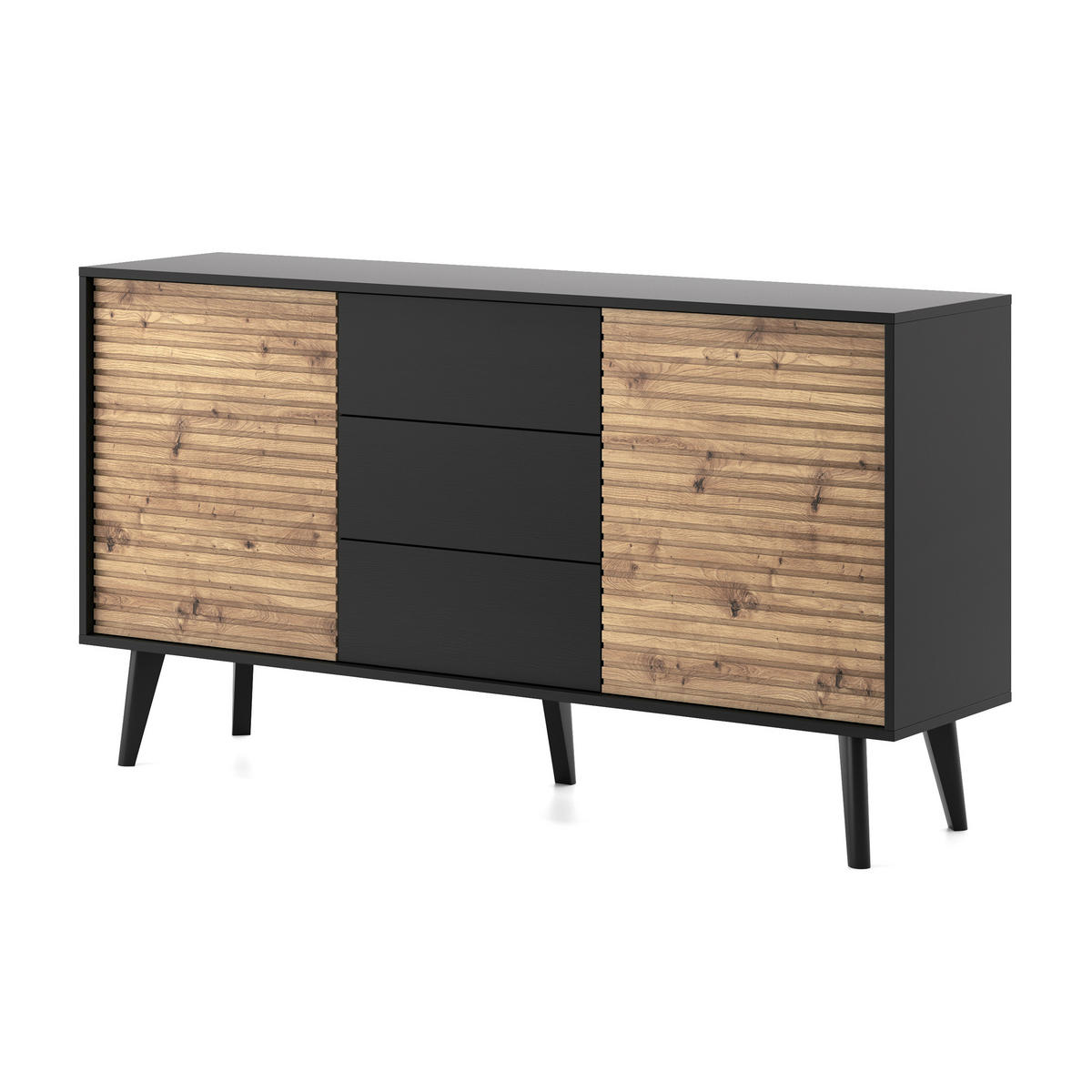 SIDEBOARD VILLETTA 154/83/39 cm mit 3 Schubladen 2 Türen Schwarz - Schwarz/Eiche Artisan, Holzwerkstoff (154/83/39cm) - MASSENO