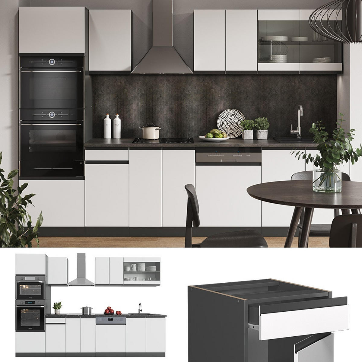 KUCHYŇSKÝ KOUT R-Line Bílá 300 cm s vysokou skříní, PD Mramor - bílá/antracitová, kompozitní dřevo (300/81.6/60cm) - Vicco