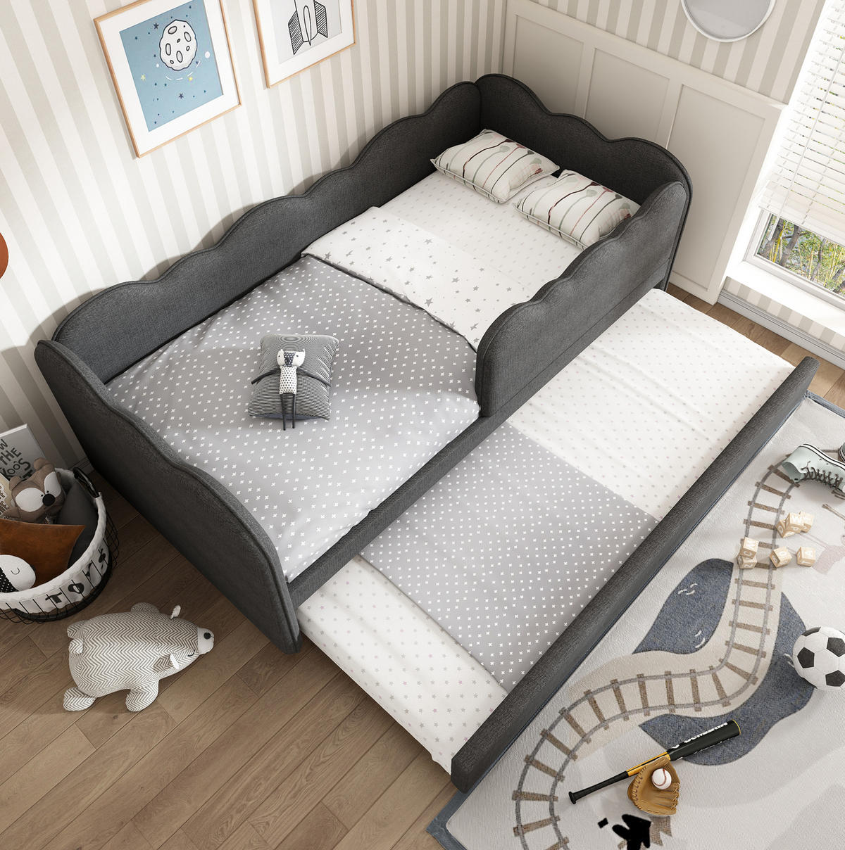 KINDERBETT Polsterbett 90/190 cm aus Leinen mit Ausziehbett Grau - Grau, Textil (90/190cm) - Modenvie