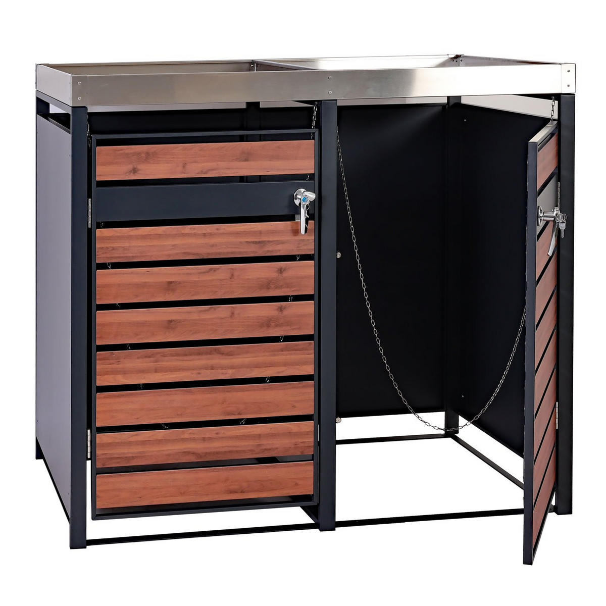 MÜLLTONNENBOX 2er mit Pflanzkasten 125x132x80cm Anthrazit Kirsche-Holzoptik erweiterbar - Kirschbaumfarben, Metall (132/125/80cm) - PROREGAL
