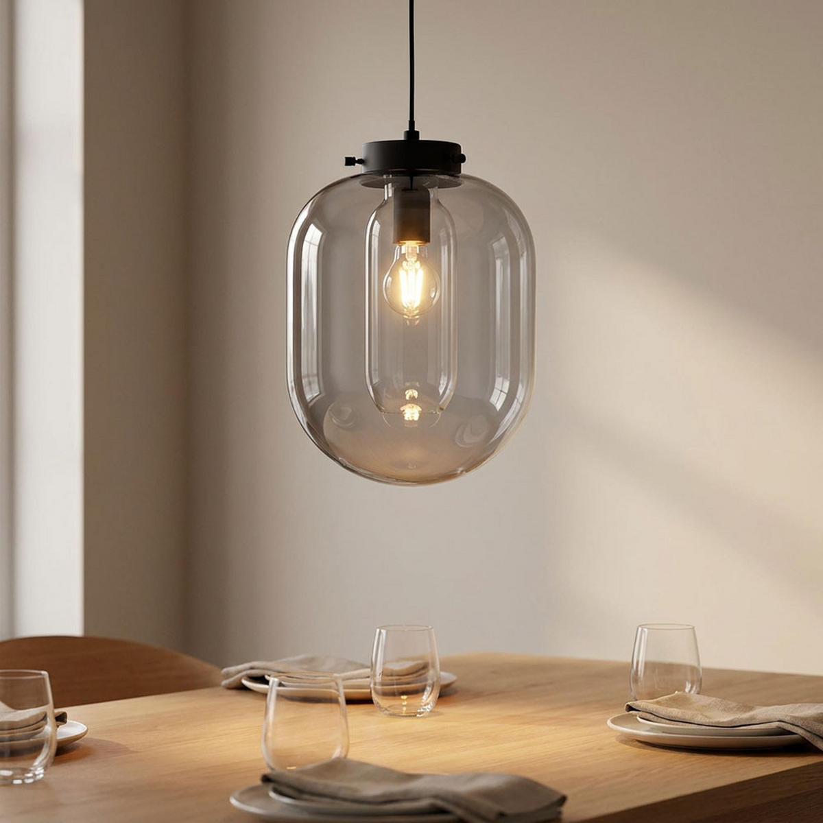 PENDELLEUCHTE Regi Metall Schwarz Rauch - Grau, Glas (18/18/18cm)