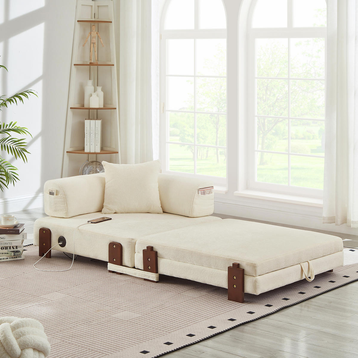 SCHLAFSOFA mit Schlaffunktion, USB- und Type-C-Anschluss, Stauraum und Seitentaschen, Beige - Beige, Textil (84/48/170.5cm) - Redom