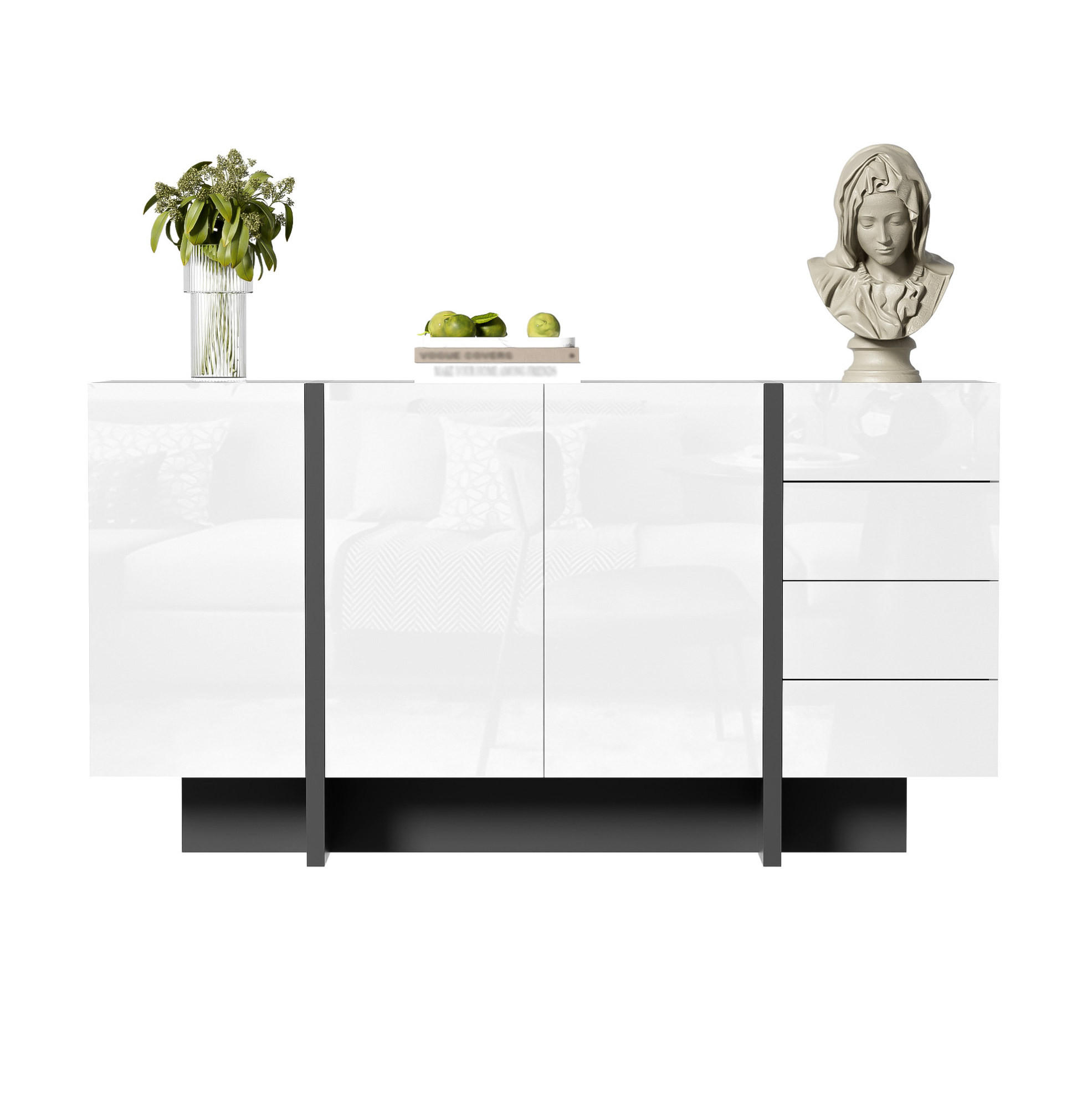 SIDEBOARD 150/40/80,5 cm mit 2 Türen, 4 Schubladen und Hochglanz-Oberfläche aus MDF und Holzwerkstoff, Weiß/Schwarz - Weiß, Holzwerkstoff (150/80.5/40cm) - Redom