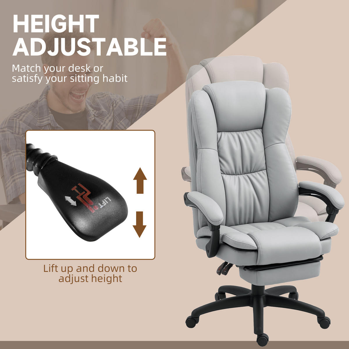 BÜROSTUHL mit 5 Massagemodi, Ergonomisch Schreibtischstuhl mit Liegefunktion - Hellgrau/Schwarz, Kunststoff (68.5/121/68.5cm) - Vinsetto
